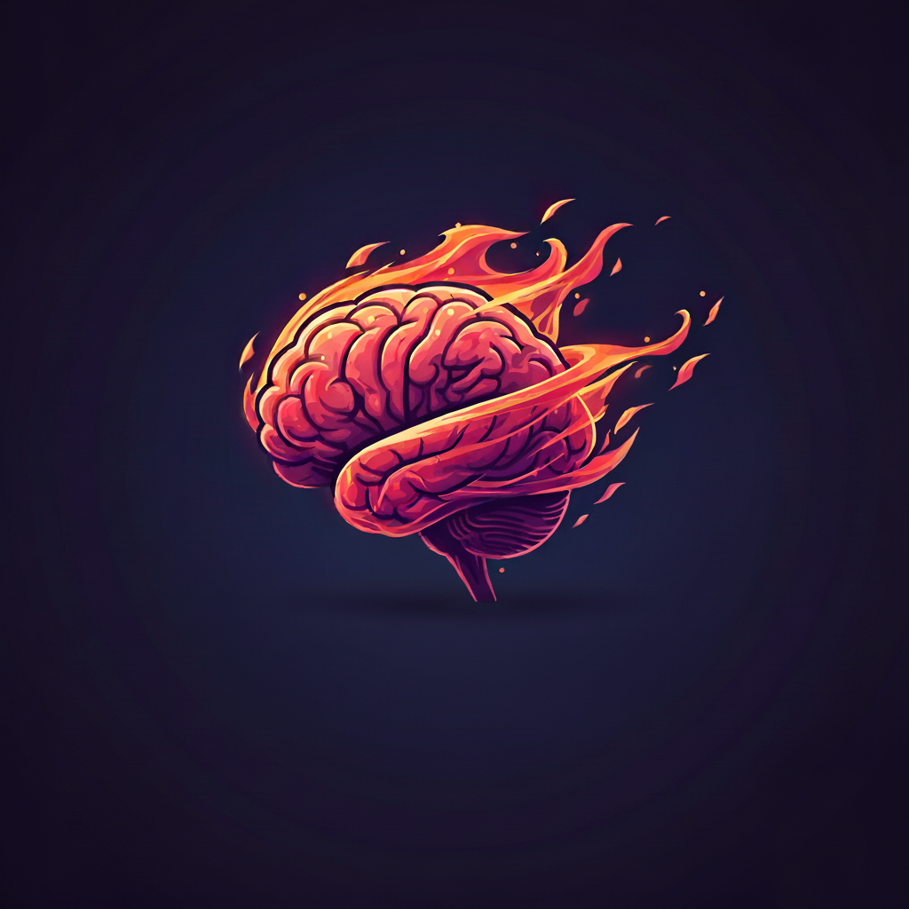 A brain on fire, representing intense ideation.